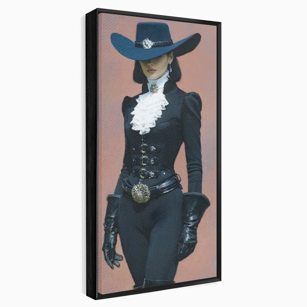 Tablou canvas cu tablou canvas cu femeie aristocrata imbracata in negru, in rama de aluminiu negru